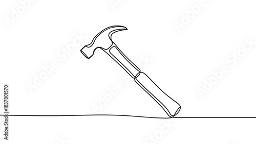 Minimalist continuous line art illustration of a hammer standing on a surface, representing construction tools, repair work, craftsmanship, handyman equipment, building industry and DIY concepts