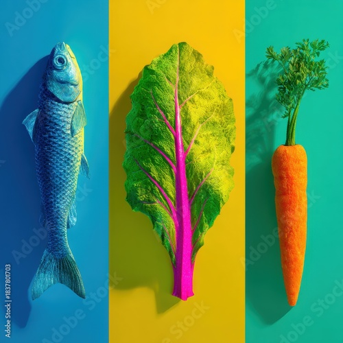 Colorful still life: Fish, beet leaf, and carrot arranged on vibrant panels.
