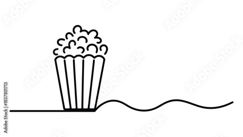  Minimalist black and white line art illustration of a popcorn bucket with fluffy kernels, representing cinema snacks, movie night, entertainment, theater food, fun events, and leisure activities