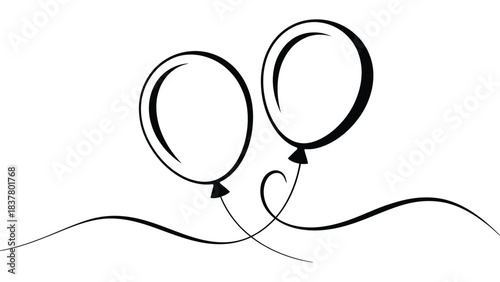  Minimalist black and white line art illustration of two floating balloons with elegant curved strings, symbolizing celebration, party decor, joy, festivity, birthday and cheerful occasions