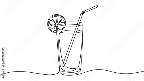  Minimalist continuous line drawing of a beverage glass with straw and citrus slice—ideal for summer, refreshment, hospitality, wellness, and elegant branding or graphic design applications