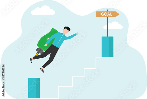 Achieving business goals through hard work, motivation and determination for great success, creative strategies to achieve excellence in work and career growth, man runs along steps to goal pointer.


