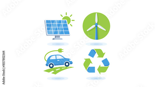 Set of icons representing renewable energy and sustainability concepts, including solar panels, wind turbines, electric vehicles, and recycling symbols