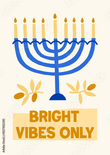 Modern Hanukkah vector card print. Cute jewish holidays illustrations of menorah, candles, olives