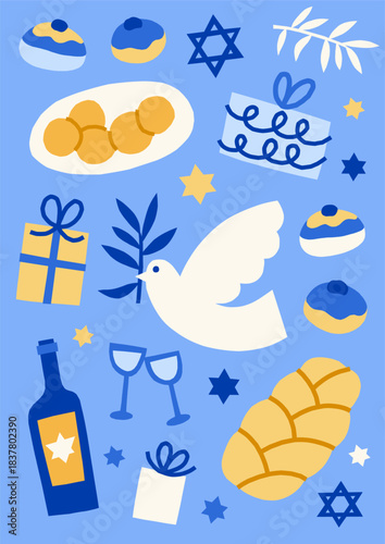 Modern Hanukkah vector card print. Cute jewish holidays illustrations of sufganiot, donuts, latkes, challah, oil, vine, dove