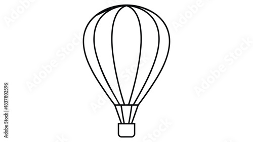 Minimalist black-and-white line drawing of a hot air balloon with segmented envelope and basket—ideal for travel, adventure, exploration, education, and elegant graphic design applications 