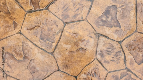 Φωτογραφία A wet, orange-brown stamped concrete footpath with an irregular stone pattern
