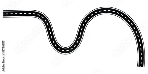 Curving road illustration with dashed white lines representing travel and journey isolated EPS vector