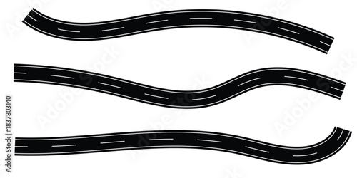 Set of winding road elements curved asphalt paths with white lines for transportation and navigation concepts isolated on white EPS vector