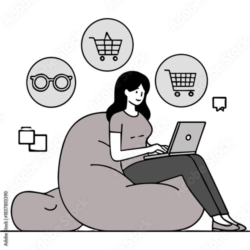 Woman Relaxing on Beanbag Chair Typing on Laptop Surrounded by Shopping Cart and Glasses Icons Representing Online Shopping and E-commerce Convenience in a Minimalist Black and White Illustration