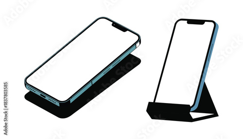 Modern smartphone device with blank white screens in flat isometric design for technology mockups and digital applications