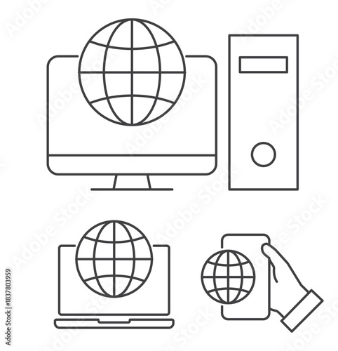 globe on desktop computer in laptop and smartphone icon