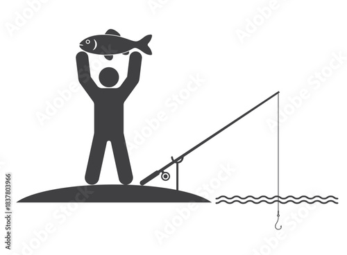fisherman on fishing with rod hold fish in hands up icon