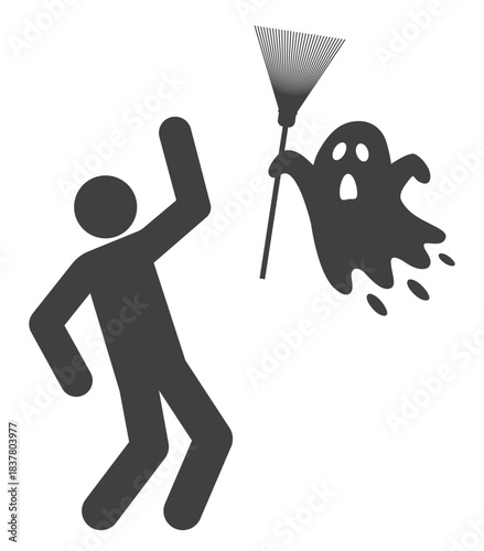 person man scared fly ghost with broom icon