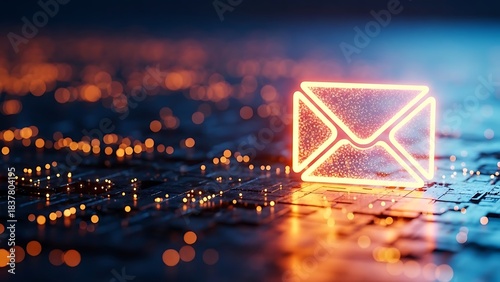 Bright glowing email envelope symbol on a futuristic circuit board background depicting digital communication