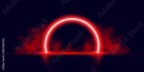 Red neon light arc on black background creates a 3D abstract line effect. Futuristic digital portal glowing with energy and smoke. Tech casino style design for gamer, stage, tunnel or cyber wallpaper