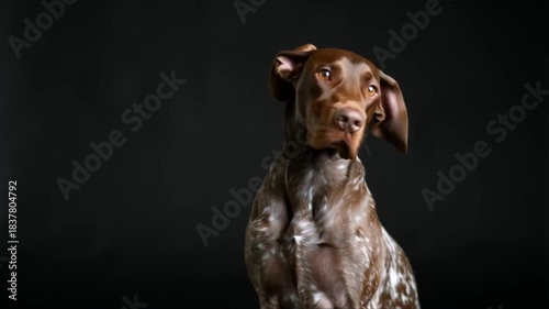 Expressive portrait of a German Shorthaired Pointer isolated on a black background. The dog is alert, its ears are moving, and it is turning its head to the right. 