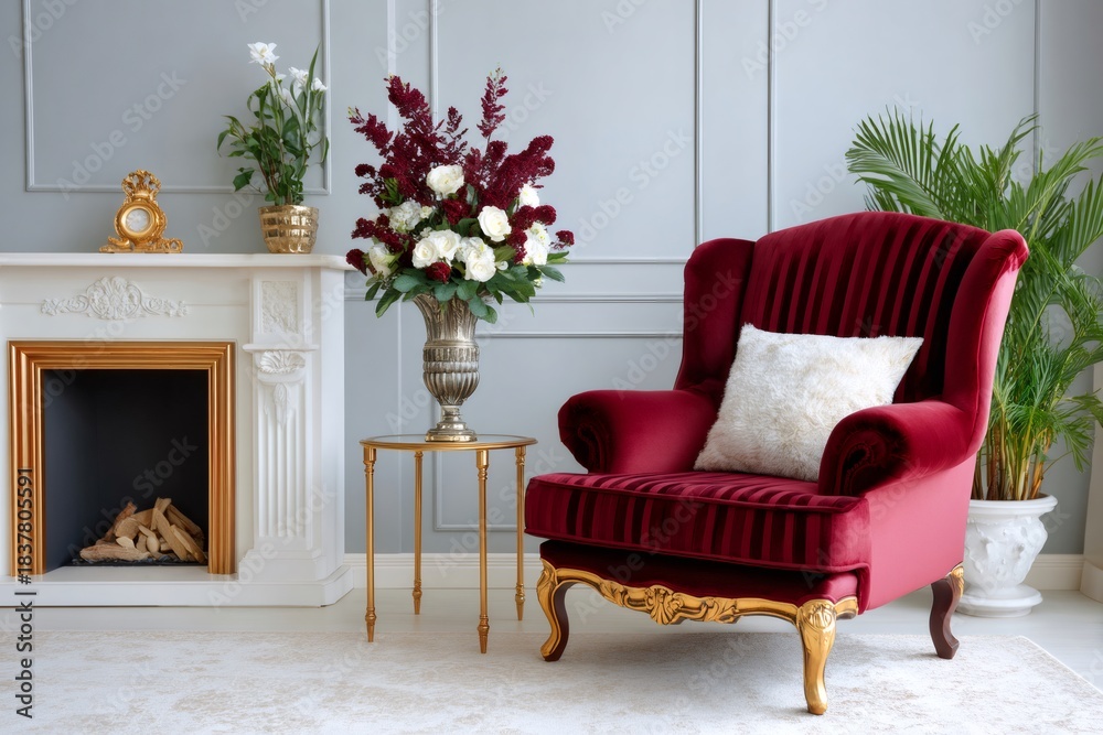 Obraz premium Luxurious living room with elegant red armchair and fireplace