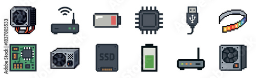 Diverse collection of pixel art computer and electronic components is digitally rendered in a charming retro 8-bit style, showcasing essential hardware and connectivity elements