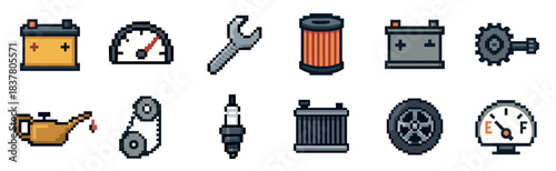 Vibrant collection of pixel art car parts icons, including batteries, a wrench, filters, and gauges, rendered in a charming retro 8-bit style