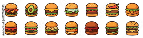 Twelve colorful cartoon burgers with various toppings and buns are playfully illustrated, showcasing a diverse range of delicious ingredients and a cheerful, inviting aesthetic
