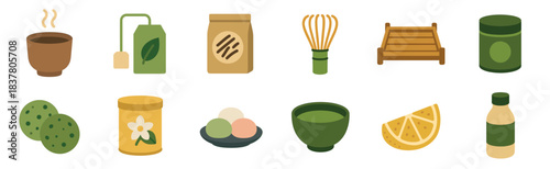 Delightful collection of various traditional Japanese tea ceremony items and sweet treats, rendered in a clean, flat design style with soft, inviting colors