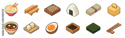 Collection of isometric Japanese food icons and traditional culinary elements is neatly arranged, featuring ramen, miso soup, onigiri, and chopsticks in a clean, graphic style