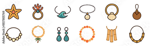 Twelve colorful tropical themed jewelry icons are neatly arranged, showcasing various designs like starfish, coral, seashells, pearls, waves, coconuts, and bamboo in a charming flat illustration style