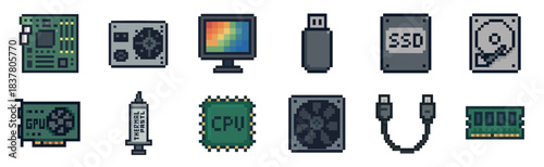 Collection of pixel art computer components, including a motherboard, GPU, CPU, SSD, HDD, RAM, monitor, and other essential hardware, rendered in a charming retro 8-bit style