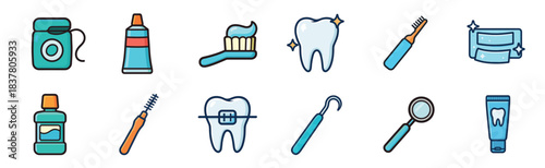 This vibrant collection of dental hygiene icons illustrates various tools and concepts for oral health care, presented in a clean, cartoonish flat design style