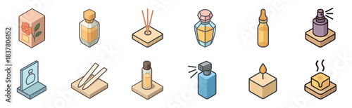 Collection of isometric beauty and fragrance icons, featuring various cosmetic bottles, a reed diffuser, scented candles, and personal care items in a clean, modern vector style