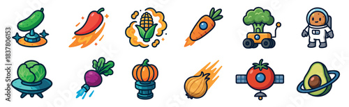 Cute cartoon space-themed vegetables and astronaut character are whimsically illustrated with rocket boosters, UFOs, and planetary rings in a vibrant, playful style