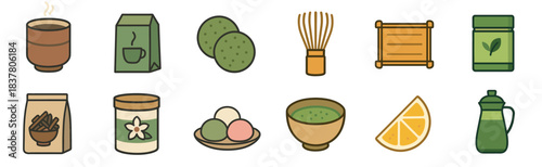 Vibrant collection of flat design tea and coffee icons, featuring various beverages, snacks, and tools in a cheerful, modern illustration style with clear outlines and soft colors