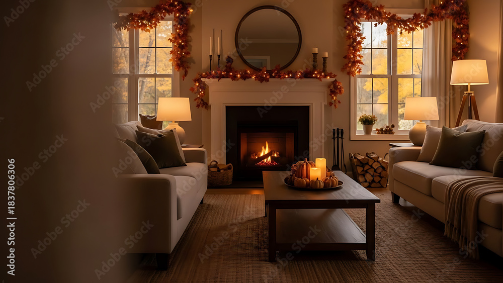 Fototapeta premium Cozy living room decorated for autumn with a burning fireplace, sofas, and warm lighting.