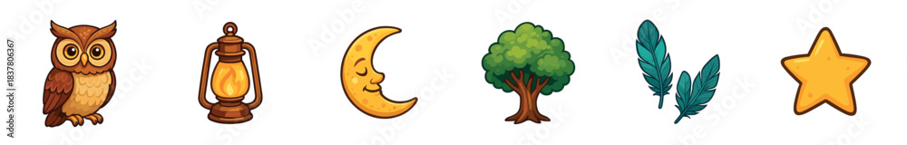 Naklejka premium Various cute cartoon nature and night elements are whimsically illustrated, showcasing a brown owl, glowing lantern, smiling crescent moon, green tree, teal feathers, and a yellow star