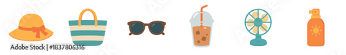 Collection of colorful summer vacation items including a sun hat, striped beach bag, sunglasses, iced drink, desk fan, and sunscreen bottle, depicted with a cheerful flat illustration style
