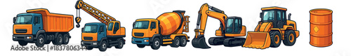 Various cartoon construction vehicles and an orange barrel are neatly arranged in a horizontal line, showcasing their distinct designs and bright colors with a playful, illustrative style