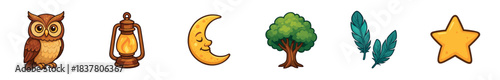 Various cute cartoon nature and night elements are whimsically illustrated, showcasing a brown owl, glowing lantern, smiling crescent moon, green tree, teal feathers, and a yellow star