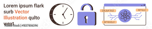 Cybersecurity, digital security, quantum computing, data encryption, password protection, time management. Graphic with a clock, padlock and abstract quantum diagram. Cybersecurity and quantum