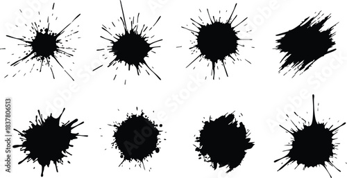 A collection of black ink splatters and drops for an abstract, grunge, and messy design
