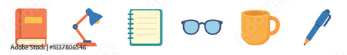 Six colorful flat design desk items are neatly arranged in a horizontal row, featuring a book, lamp, notebook, eyeglasses, mug, and pen in a simple, illustrative style