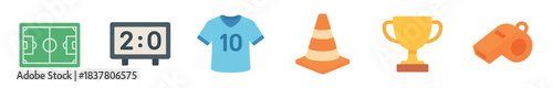 Six colorful flat design soccer icons including a green field, scoreboard, blue jersey, orange cone, golden trophy, and whistle, presented in a clean, modern style