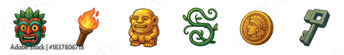 Six colorful cartoon adventure game assets are displayed, featuring a tribal tiki mask, a flaming torch, a golden idol, a winding vine, an ancient coin, and a stone key, rendered in a playful style