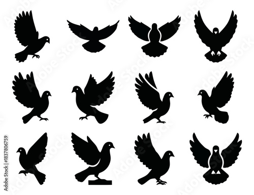 Doves In Various Poses Flying Perched Silhouette Isolated