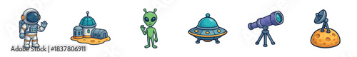Collection of colorful cartoon space-themed icons featuring an astronaut, alien, UFO, space station, telescope, and satellite dish, rendered in a playful illustration style