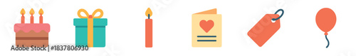 Vibrant collection of flat design celebration icons features a birthday cake with candles, a wrapped gift, a greeting card, a tag, and a balloon in a cheerful graphic style