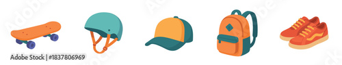 Various colorful sports and leisure accessories including a skateboard, helmet, cap, backpack, and sneakers are depicted in a vibrant flat isometric illustration style