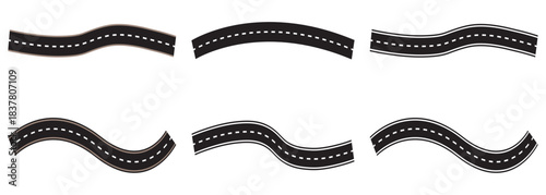 Set street and road vector template isolated on background. Bending roads and high ways with white lines. Wavy road with winding curves and horizontal path.  Traveling along a curved highway. 