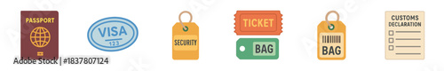 Various flat design travel documents and accessories are neatly arranged, featuring a passport, visa stamp, security tag, ticket, two different bag tags, and a customs declaration form
