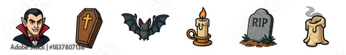 This collection of six cartoon Halloween icons features a vampire, coffin, bat, lit candle, tombstone, and extinguished candle, rendered in a spooky, fun, and illustrative style